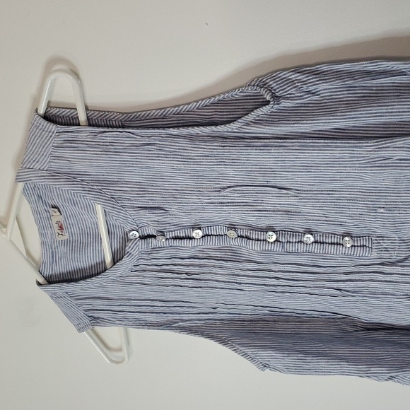 Faherty Isha Linen Swing Dress Size Medium Pockets Blue White Stripe Mini Beach - Picture 6 of 13
